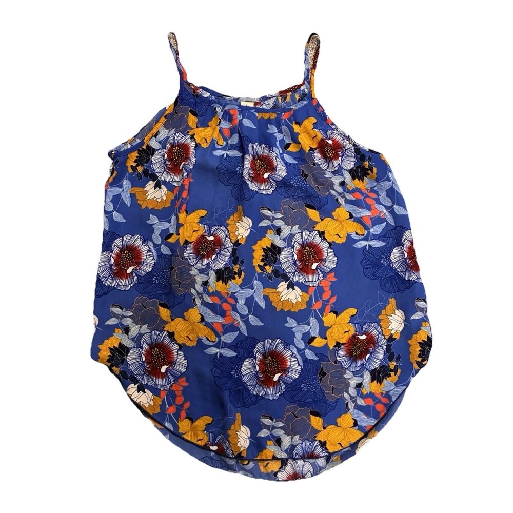 Allison Joy Tank Top Women’s XS Blue Yellow Floral Lightweight Chiffon Round Hem